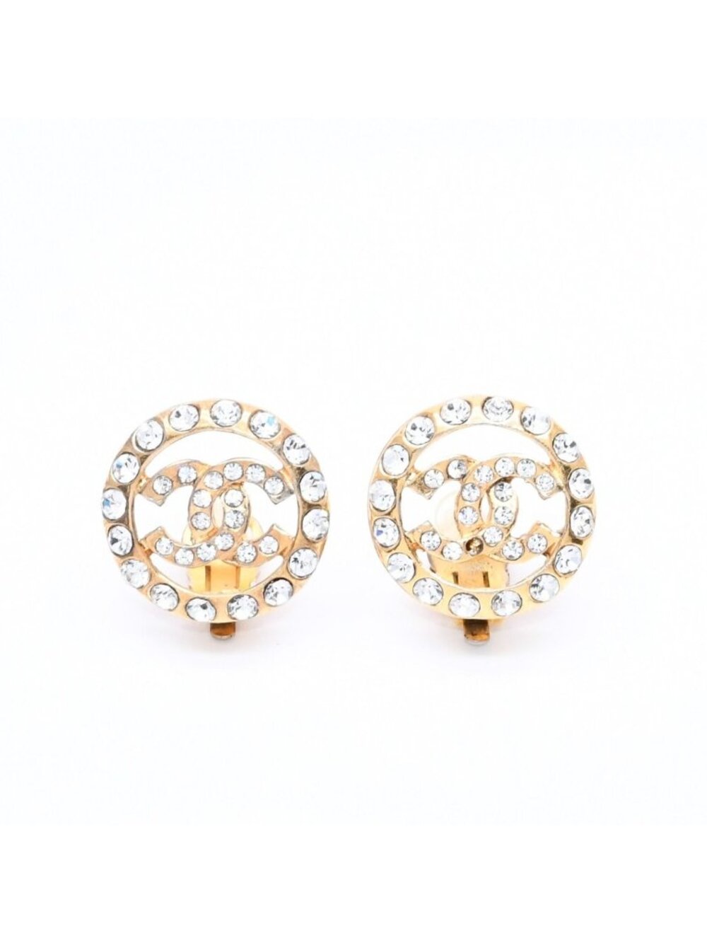 Chanel CC Logo Earrings Metal Rhinestone Gold Clear